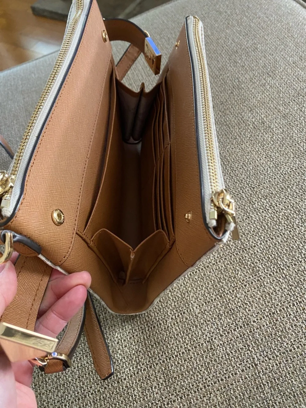 Michael Kors Cream Signature Crossbody with Brown Trim and Gold Accents